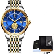 Resim Hanyang Çelik Altın Mavi Lıge Iş Erkekler Saatler Takvim Üst Marka Lüks Paslanmaz Çelik 30 M Su Geçirmez Kuvars Kol Saati Erkekler Için Relogios Masculinos (Yurt Dışından) 