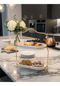 Resim 2 Katlı Gold Sunumluk İkramlık Lokumluk Şekerlik Gold Etajer Sunumluk Metal Oval Standlı Beyaz 