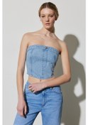 Resim Regular Fit Normal Kesim Askılı Açık Mavi Jean Crop Bluz 