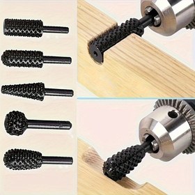 Resim 5 Paket Yüksek Karbon Çelik Ahşap Oyma Döner Dosya Seti, DIY El Sanatları İçin Konik Matkap Uçları, Elektrikli Taşlama ve Parlatma İçin Kaplamasız Demir Döner Freze Seti, Çeşitli Şekillerde Merkez Olmayan Kesme Takım Seti 