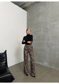 Resim Premium Leopar Desenli Palazzo Pantolon Yüksek Bel, Oversize Bej 