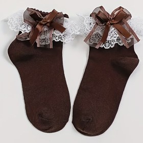 Resim 1 Çift Kadın Diz Boyu Polyester Çorap, Kelebek Desenli, Dantel Süslemeli ve Kurdele Detaylı - Örgü Kumaş, Sadece Elde Yıkama/Kuru Temizleme 