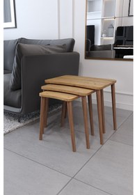 Resim Zigon Sehpa & Yan Sehpa 3'lü Ahşap Ayaklı Salon Seti Sehpa - Çam 