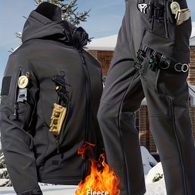Resim Sonbahar/Kış Erkekler İçin Taktik Astarlı Kapüşonlu Shark Softshell Ceket x9 Kargo Pantolon Av Kıyafeti Çok Cepli Çok Fonksiyonlu Sıcak Tutan Dayanıklı Günlük Takım Balıkçılık, Kamp, Spor, Yürüyüş, Dağcılık İçin (Aksesuarlar Dahil Değildir) 