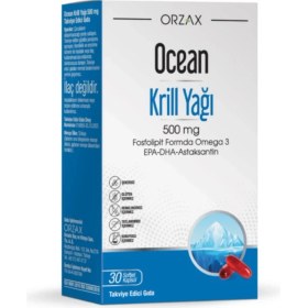 Resim Orzax Ocean Krill Yağı 500 Mg 30 Kapsül Fosfolipit Formda Omega 3 EPA-DHA-Astaksantin Türkiye Menşeli 