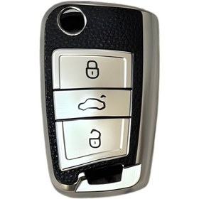 Resim Autohan Keys Volkswagen Golf 7, Golf 7.5, Tiguan, Polo, T-roc, T-cross İçin Lüks Anahtar Koruma Kılıfı, Siyah Deri Desenli 
