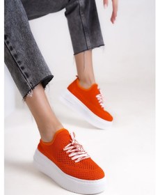 Resim Mubiano H- 101-orj Triko Örme Kumaş Oval Burunlu Bağcık Detay Kadın Oranj Yüksek Taban Babet & Loafer Ayakkabı Oranj 