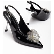Resim Kadın Abiye Stiletto Siyah Rugan Metal Çiçek Aksesuarlı Galvaniz Ökçe Kaplamalı-3671 Siyah 