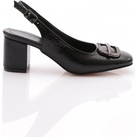 Resim Dgn K661 Kadin Arkasi Açik Metal Aksesuarli Topuklu Ayakkabi Siyah Lazer 