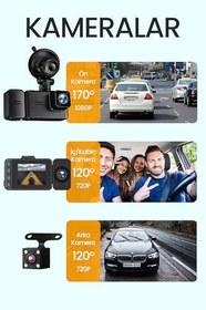 Resim 3 Kameralı Wifi Ekran Araç Kamerası FullHD Geniş Ön + Arka + Araç İçi Kamera Hareket Sensörü EF1313 