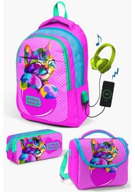 Resim Coral High Kids Pembe Mavi Simli Kedi Desenli Usb'li 3 Lü Okul Çanta Seti Set0124301 Çok Renkli 