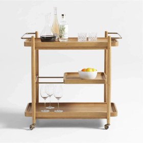 Resim Crate & Barrel Vitae 36" Doğal Masif Karaağaç Ahşap Bar Arabası 