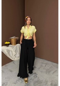 Resim Defymoda Siyah Paçası Fırfırlı Keten Pantolon Siyah 