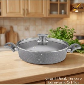 Resim 28 Cm Granit Karnıyarık & Pilav Tenceresi Cam Kapak - Gri Gri 
