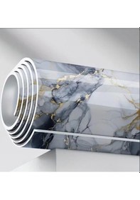 Resim 60cm X 3 Metre Tek Parça Yapışkanlı Mavi Gold Mermer Desenli Duvar Paneli Kağıdı Silinebilir Tx-6969 Altın - Turkuaz 