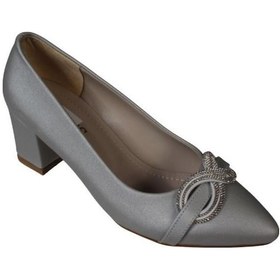 Resim Yazkış Kadın Siyah Gümüş Saten Kumaş Üzeri Tokalı 5cm Kalın Taban Abiye Ayakkabı Gümüş 