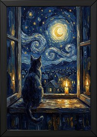 Resim Cat at Candlelit Window Print - Van Gogh Starry Night Village Wall Art - Just Poster / 12 x 16" (30x40 cm) 