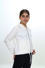 Resim Toontoy Ekru Kız Çocuk Ekru Kapüşonlu Fermuarlı Reglan Kol Örme Hırka - Beli Ayarlanabilir Kordonlu uyumlu 