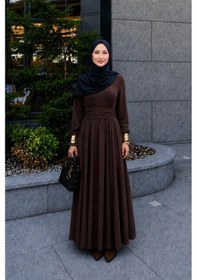 Resim Esnek Krep Kumaş Belden Kuşak Detaylı Pileli Şık Tesettür Elbise Özel Gün Ve Davet Elbisesi Kahverengi 