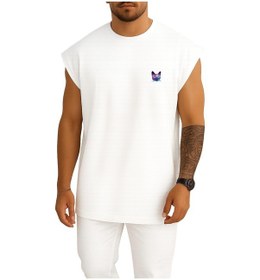 Resim Oversize Kedi Kafası - Neon Cep Ve Sırt Tasarımlı Atlet Beyaz 