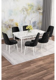 Resim Mona Beyaz Mermer 80x132 Açılabilir Mdf Masa Yemek Odası Takımı, Mutfak Takımı 6 Adet Sandalye Beyaz Mermer - 6 Siyah - Beyaz Ayak 