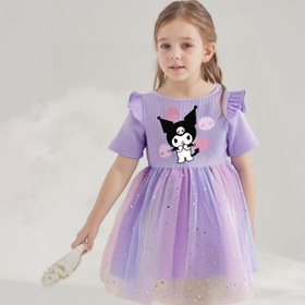 Resim Sanrio Kızları'nın Şık Mor for kuromi Baskılı Midi Elbisesi, Fileli Payetli Yıldız ve Ay Prenses Etek - Kısa Kollu, Yuvarlak Yaka, Esnek Kumaş, Bahar, Rahat ve Resmi Durumlar, Oyunlu Prenses Elbisesi, Bahar Kıyafeti, Rahat Uygunluk 