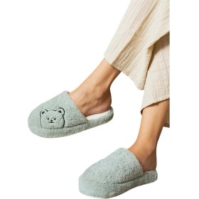 Resim Liger Önü Kapalı Ayıcık Baskılı Peluş Kadın Ev Terliği YEŞİL 