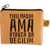 Resim Attach Sarı Yıkılmadım Ama Ayaktada Değilim Tasarımlı Süet Bozuk Para Cüzdanı 