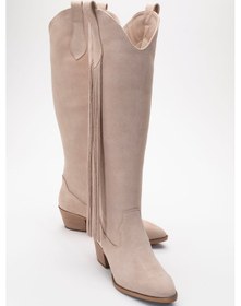 Resim Rios Bej Hakiki Deri Süet Püsküllü Kadın Kalın Topuklu Çizme Bej Süet 