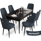 Resim Canisa Concept Taç Serisi 80X132 Açılabilir Siyah Mermer Desen Masa Takımı 6 Sandalye Gold Halkalı 