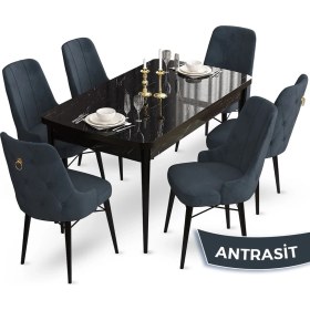 Resim Canisa Concept Taç Serisi 80X132 Açılabilir Siyah Mermer Desen Masa Takımı 6 Sandalye Gold Halkalı 