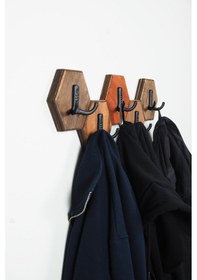 Resim 7li Dekoratif Petek Altıgen Ahşap Duvar Askılığı - Rustik Antre Portmanto Çok Renkli 