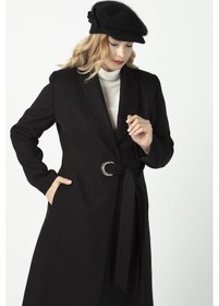 Resim 932 Siyah Kadın Şal Yaka Kuşaklı Toka Detaylı Büyük Beden Kaşe Kaban 