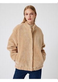 Resim Koton Oversize Peluş Ceket Cep Detaylı Çıtçıt Düğmeli Bomber Yaka Bej 5wal20117ıw Ekru 