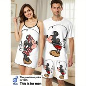 Resim Disney Mickey Mouse & Minnie Mouse Baskılı Çift Set, Erkek Kısa Kollu Tişört ve Şort veya Kadın Camisole Gecelik Elbise. Yumuşak, Nefes Alabilen Yuvarlak Yakalı Tişört ve Esnek Bel Bandı Şortlu Rahat Pijama Takımı, 1 Takım 