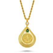 Resim Sembol Gold Altın Tuğralı Kolye Yeşil Damla Taşlı 