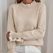 Resim Kadınlar İçin Şık Bej Kazak - Sonbahar/Kış için Uzun Kollu Yuvarlak Yaka Kazak, Saydam Olmayan Resmi & Günlük Kıyafetler - Kolay Bakım Kadın Kazak, Sevimli Kazak 