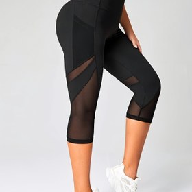 Resim Kadınlar için Yüksek Bel Fileli Spor Kapri Tayt, Günlük Tarz, Esnek Fitness Yoga Pantolonu 