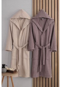 Resim Güvenal Unisex Verona Bay&bayan Pamuk 2'li Çizgili Kapüşonlu Bornoz Seti Bornoz Çeyiz Seti Bornoz Takımı 3 Çok Renkli 