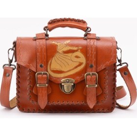 Resim Hakiki Deri Semazen İşlemeli Çift Gözlü Bayan El Çantası 