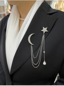 Resim Fatma yaşar Ay Yıldız Altın Kaplama Zirkonyum Taşlı Incili Broş 
