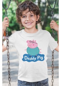 Resim Sevbano Baba Pig Peppa Pig Baskılı Unisex Çizgi Film Çocuk Tişört 1-12 Y Beyaz 