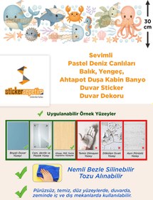 Resim Sevimli Pastel Deniz Canlıları – Balık, Yengeç, Ahtapot, Kaplumbağa Duşakabin & Banyo Duvar Sticker Seti - 113x30 cm / Karışık Renkli / Deniz Canlıları 