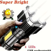 Resim Şarj Edilebilir LED El Feneri, Yüksek Lümen, 4 Işık Boncuklu, USB Lityum Pili ile Çalışır, USB Kablosu ile Gelir, Gece Kampçılığı, Yürüyüş ve Acil Durumlar için Taşınabilir. 