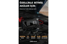 Resim On6 Store Acil Durum Akü Takviye Cihazı + 150 Psı Dijital Hava Kompresörü | Taşınabilir Oto Lastik Şişirme ve Jump Starter 