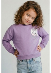 Resim Breeze Kız Çocuk Sweatshirt Minik Taçlı Kedi Prenses Baskılı Sırt Baskı Detaylı 1.5-5 Yaş, Lila Lila 