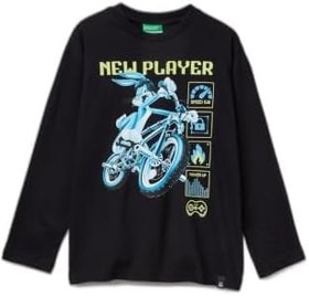 Resim Benetton Erkek Çocuk Siyah Tazmanya Baskılı Kabartmalı Uzun Kollu T-shirt 