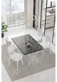 Resim Avvio Parla Beyaz Elma Sandalye 80x120 Yemek Masası Mutfak Masası 4 Kişilik Masa Sandalye Takımı Siyah Mermer 