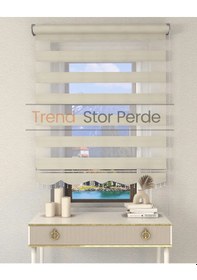 Resim Geniş Plise Krem Boncuklu Zebra Stor Güneşlik Perde Opak Krem 