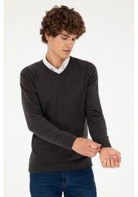Resim U.S. Polo Assn. Erkek Slim Fit V Yaka Antrasit Melanj Basic Kazak 50293512-VR081 